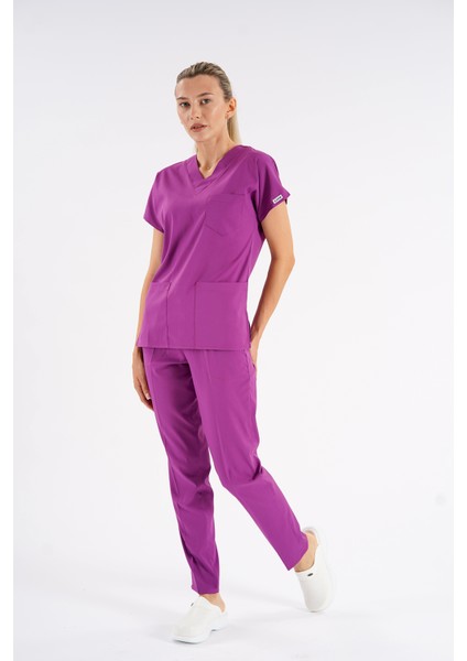 Menekşe Dr. Greys Modeli Likralı Hemşire Forması Yarasa Kol Doktor Scrubs Hastane Takımı fırsatları