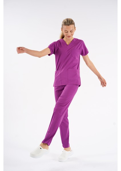 Menekşe Dr. Greys Modeli Likralı Hemşire Forması Yarasa Kol Doktor Scrubs Hastane Takımı