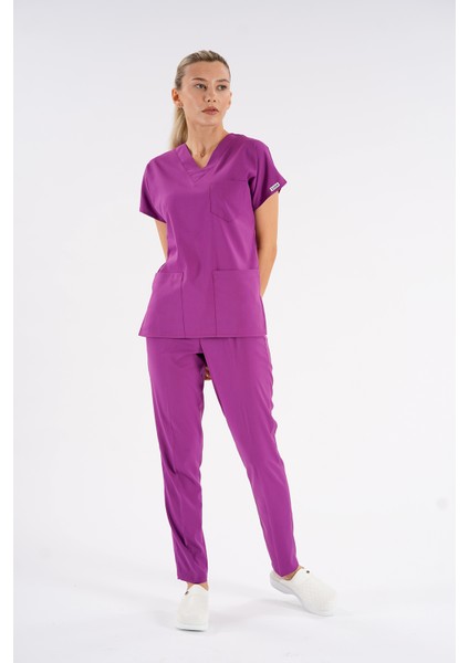 Menekşe Dr. Greys Modeli Likralı Hemşire Forması Yarasa Kol Doktor Scrubs Hastane Takımı