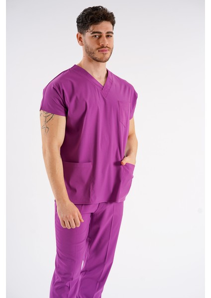 Menekşe Dr. Greys Modeli Likralı Hemşire Forması Yarasa Kol Doktor Scrubs Hastane Takımı