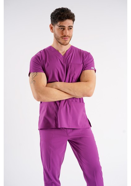 Menekşe Dr. Greys Modeli Likralı Hemşire Forması Yarasa Kol Doktor Scrubs Hastane Takımı