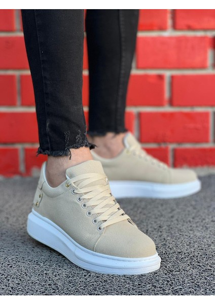 J047 Bağcıklı Ortopedik Taban Süet Günlük Erkek Spor Sneaker Ayakkabı Bt Bej
