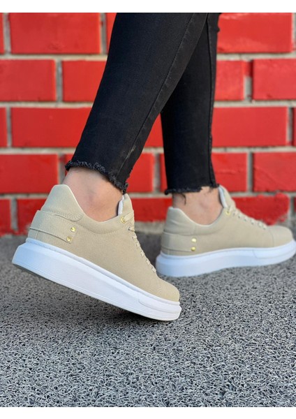 J047 Bağcıklı Ortopedik Taban Süet Günlük Erkek Spor Sneaker Ayakkabı Bt Bej
