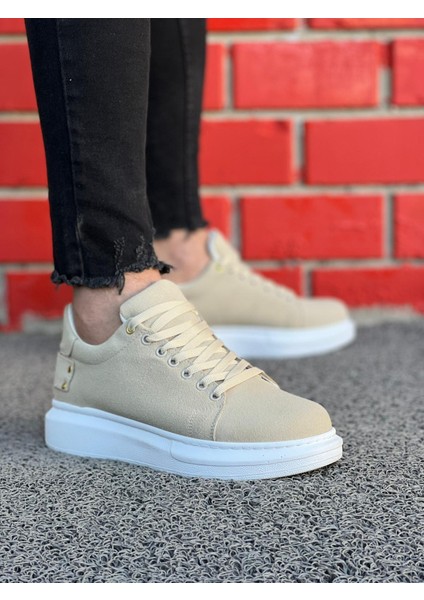 J047 Bağcıklı Ortopedik Taban Süet Günlük Erkek Spor Sneaker Ayakkabı Bt Bej