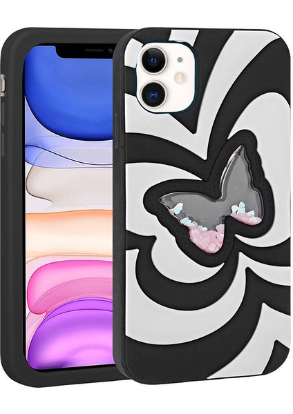 iPhone 11 Uyumlu Sıvılı Simli Kelebekli Tasarım Znth Vodena Kapak-Yeşil modelleri