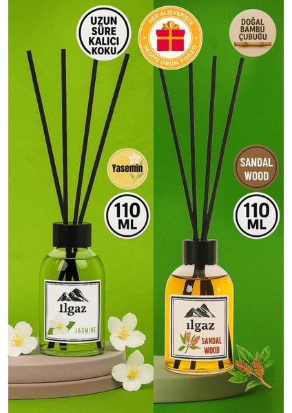 2 x 1 Jasmine + Sandal Oda Kokusu 110 ml Yasemin + Sandal Bambu Çubuklu Oda Kokusu Ortam Kokusu
