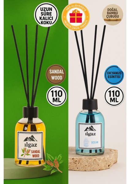 2 x 1 Sandal + Okyanus Oda Kokusu 110 ml Sandal + Ocean Bambu Çubuklu Oda Kokusu Ortam Kokusu