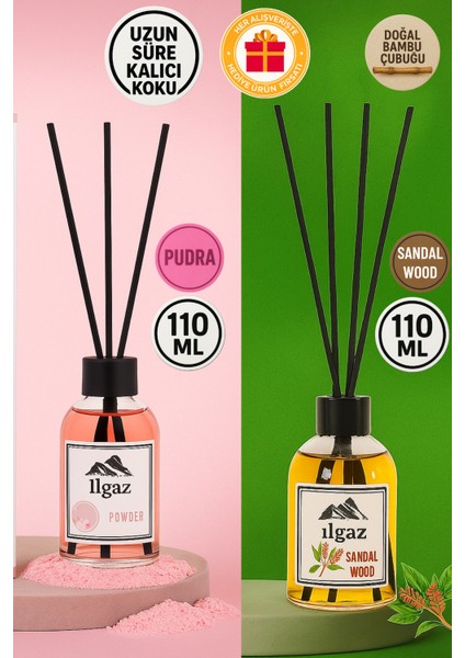2 x 1 Pudra + Sandal Oda Kokusu 110 ml Sandal + Pudra Bambu Çubuklu Oda Kokusu Ortam Kokusu