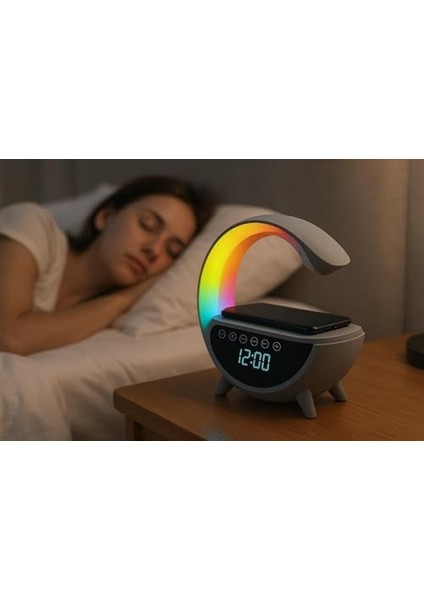 Işıklı Kablosuz Şarjlı Bluetooth Hoparlörlü Alarm Saati - Mükemmel Ses, Işık ve Konfor Tek Bir Cihazda!