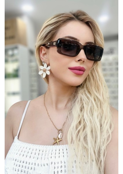 Hm 1677 C4 Dikdörtgen Şeffaf Kahve Degrade Kadın Güneş Gözlüğü