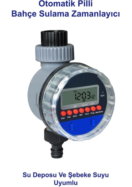 Bahçe Sulama Zamanlayıcısı Musluk ve Su Deposu Uyumlu Pilli Dijital Elektronik 1 Yıl Garanti