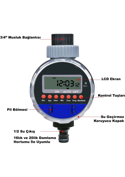 Bahçe Sulama Zamanlayıcısı Musluk ve Su Deposu Uyumlu Pilli Dijital Elektronik 1 Yıl Garanti modelleri