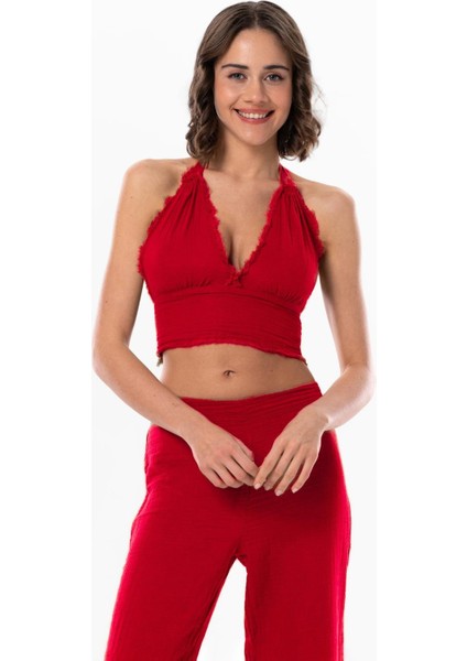 Göcek Bağlama Detaylı Yazlık Müslin Büstiyer Kırmızı Krmz