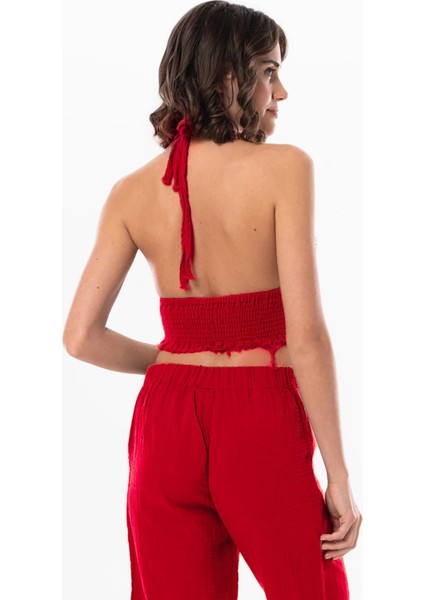 Göcek Bağlama Detaylı Yazlık Müslin Büstiyer Kırmızı Krmz fiyatları