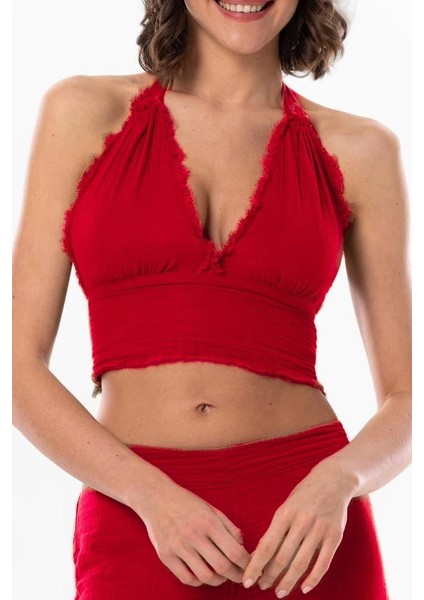 Göcek Bağlama Detaylı Yazlık Müslin Büstiyer Kırmızı Krmz modelleri