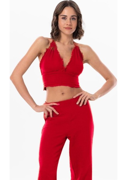 Göcek Bağlama Detaylı Yazlık Müslin Büstiyer Kırmızı Krmz fırsatları