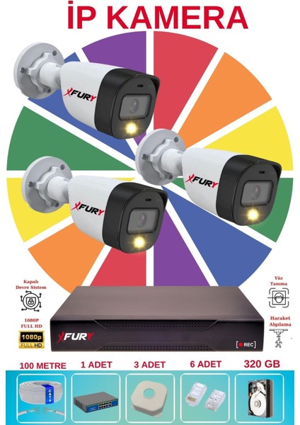 3 Lü Ip Güvenlik Kamera Seti Sesli 4mp Gece Renkli Su Geçirmez 5515S 320GB