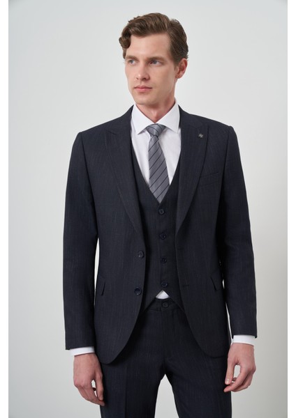 Erkek Lacivert Trend Yelekli Slim Fit Sivri Yaka Takım Elbise