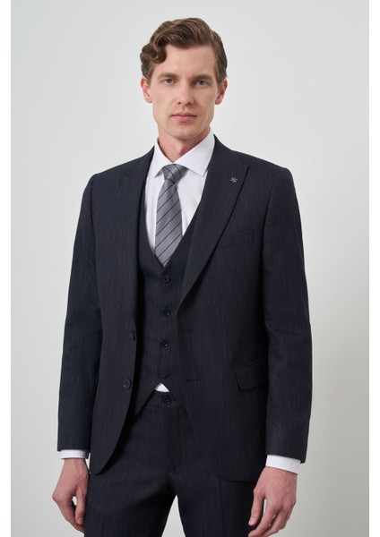 Erkek Lacivert Trend Yelekli Slim Fit Sivri Yaka Takım Elbise