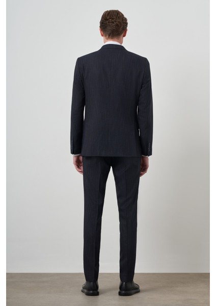 Erkek Lacivert Trend Yelekli Slim Fit Sivri Yaka Takım Elbise