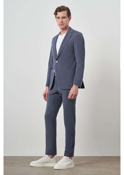 Erkek Lacivert Poliviskon Trend Çizgili Slim Fit Mono Yaka Takım Elbise fırsatları