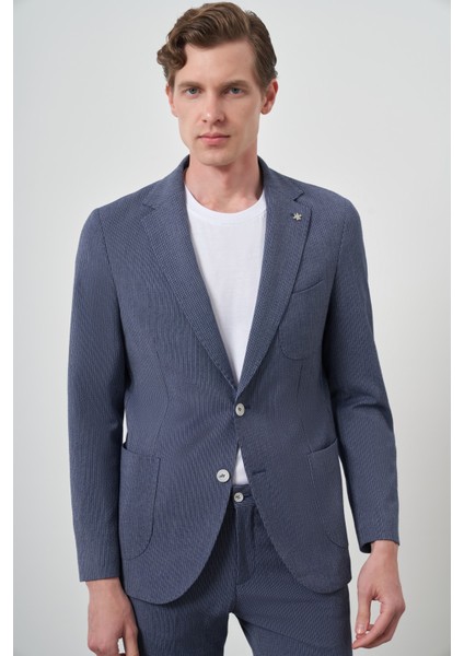 Erkek Lacivert Poliviskon Trend Çizgili Slim Fit Mono Yaka Takım Elbise indirimleri