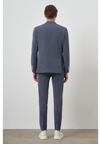 Erkek Lacivert Poliviskon Trend Çizgili Slim Fit Mono Yaka Takım Elbise