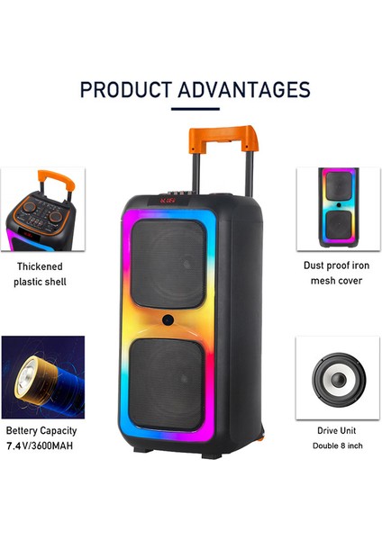 NDR-1097 | 2×8″ Woofer | Rgb LED Işık | Tekerlekli Taşınabilir Karaoke Parti Hoparlörü | Bluetooth V5.0 | Fm Radyo | Usb/sd Girişi | Tws Bağlantı