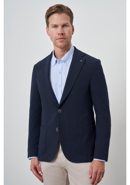 Erkek Lacivert Dokuma Slim Fit Mono Yaka Ceket modelleri