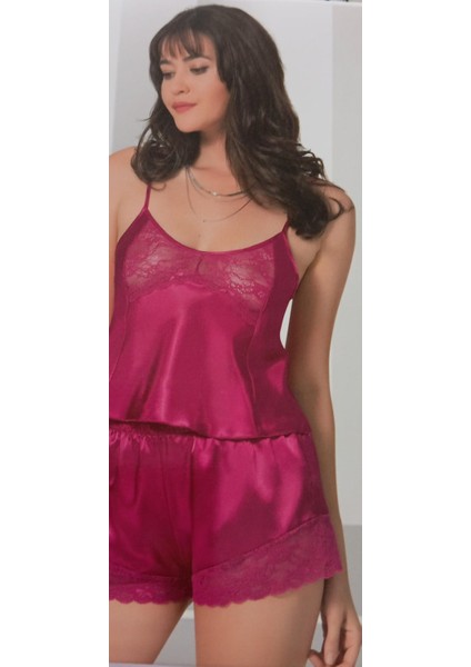 Is Berceste Primoda Vişne Dantelli Saten Babydoll Şort Takım Gecelik