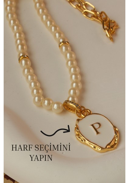 Kişiselleştirilebilen Harfli Gold Zincirli Inci Kolye