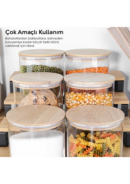 6'lı Bambu Kapak Cam Saklama Kabı - Etiketli Bakliyat Erzak Vakum Kapaklı Cam Kavanoz Seti 680 ml fiyatları