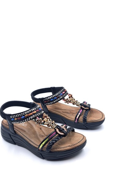 G25Y154 Taş ve Boncuk Örgü Detaylı Lastikli Dolgu Taban Siyah Kadın Sandalet