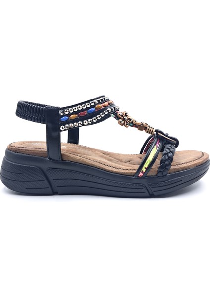 G25Y154 Taş ve Boncuk Örgü Detaylı Lastikli Dolgu Taban Siyah Kadın Sandalet fiyatları
