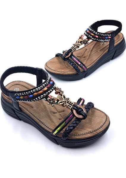 G25Y154 Taş ve Boncuk Örgü Detaylı Lastikli Dolgu Taban Siyah Kadın Sandalet modelleri