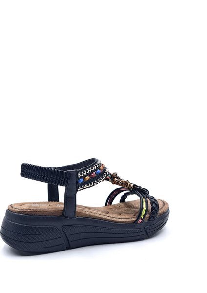 G25Y154 Taş ve Boncuk Örgü Detaylı Lastikli Dolgu Taban Siyah Kadın Sandalet fırsatları