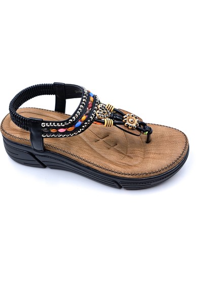 G25Y1545 Taş ve Boncuk Detaylı Lastikli Dolgu Taban Siyah Parmak Arası Kadın Sandalet fiyatları