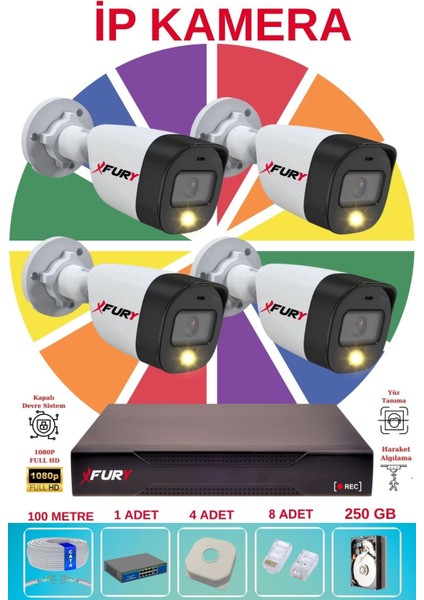 4 Lü Ip Güvenlik Kamera Seti Sesli 4mp Gece Renkli Su Geçirmez 5515S 250GB