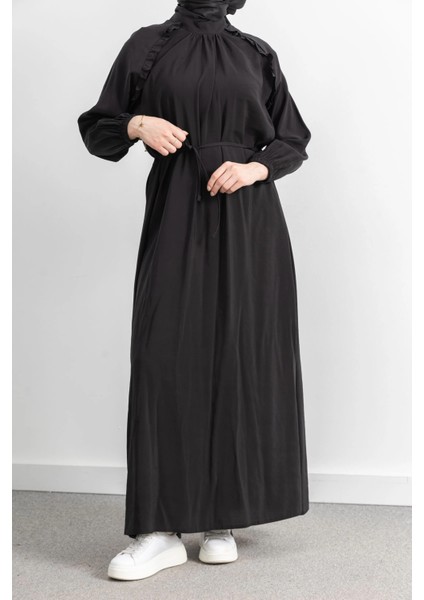 Reglan Kol Fırfır Detaylı Elbise - Siyah