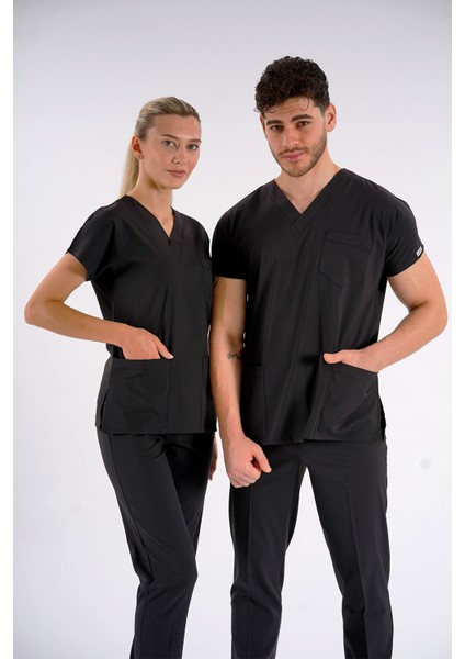 Siyah Dr. Greys Modeli Likralı Hemşire Forması Yarasa Kol Doktor Scrubs Hastane Takımı