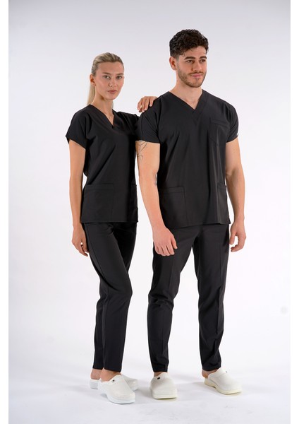 Siyah Dr. Greys Modeli Likralı Hemşire Forması Yarasa Kol Doktor Scrubs Hastane Takımı modelleri