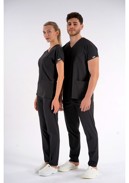 Siyah Dr. Greys Modeli Likralı Hemşire Forması Yarasa Kol Doktor Scrubs Hastane Takımı fırsatları