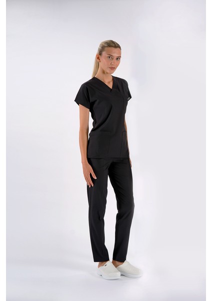 Siyah Dr. Greys Modeli Likralı Hemşire Forması Yarasa Kol Doktor Scrubs Hastane Takımı