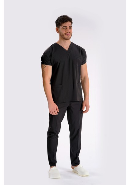 Siyah Dr. Greys Modeli Likralı Hemşire Forması Yarasa Kol Doktor Scrubs Hastane Takımı
