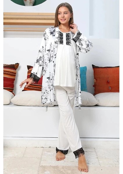 Mommysh 55711 Kadın Lohusa Saten Sabahlıklı Pijama Takımı