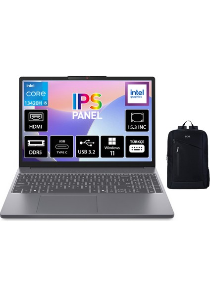 Ideapad Slim 3 Intel Core I5 13420H 24GB 512GB SSD Windows 11 Pro 15.3" Wuxga IPS Taşınabilir Bilgisayar 83K1004ETR + Boz Çanta