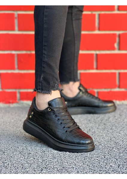 J047 Bağcıklı Ortopedik Taban Timsah Desenli Günlük Erkek Spor Sneaker Ayakkabı St Siyah