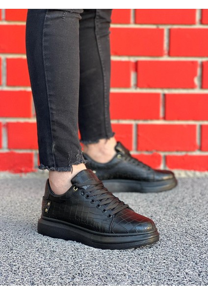 J047 Bağcıklı Ortopedik Taban Timsah Desenli Günlük Erkek Spor Sneaker Ayakkabı St Siyah modelleri
