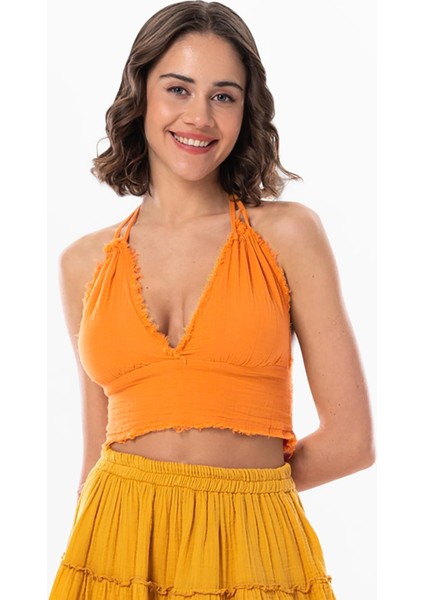 Göcek Bağlama Detaylı Yazlık Müslin Büstiyer Turuncu Trnc