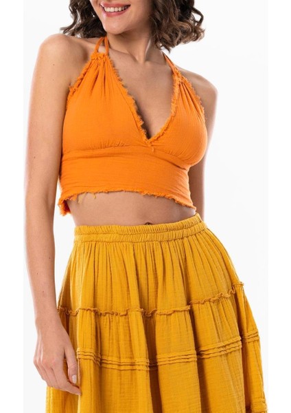 Göcek Bağlama Detaylı Yazlık Müslin Büstiyer Turuncu Trnc modelleri